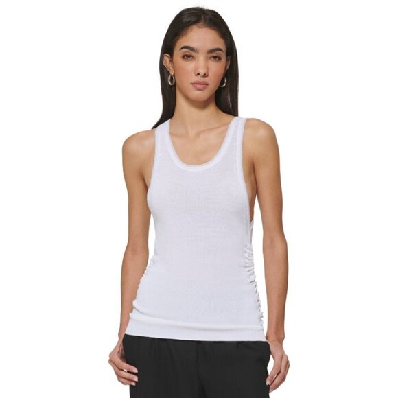 DKNY Women's White Ruched Scoop-Neck Metallic-Trim Tank Top NWT - Picture 1 of 5